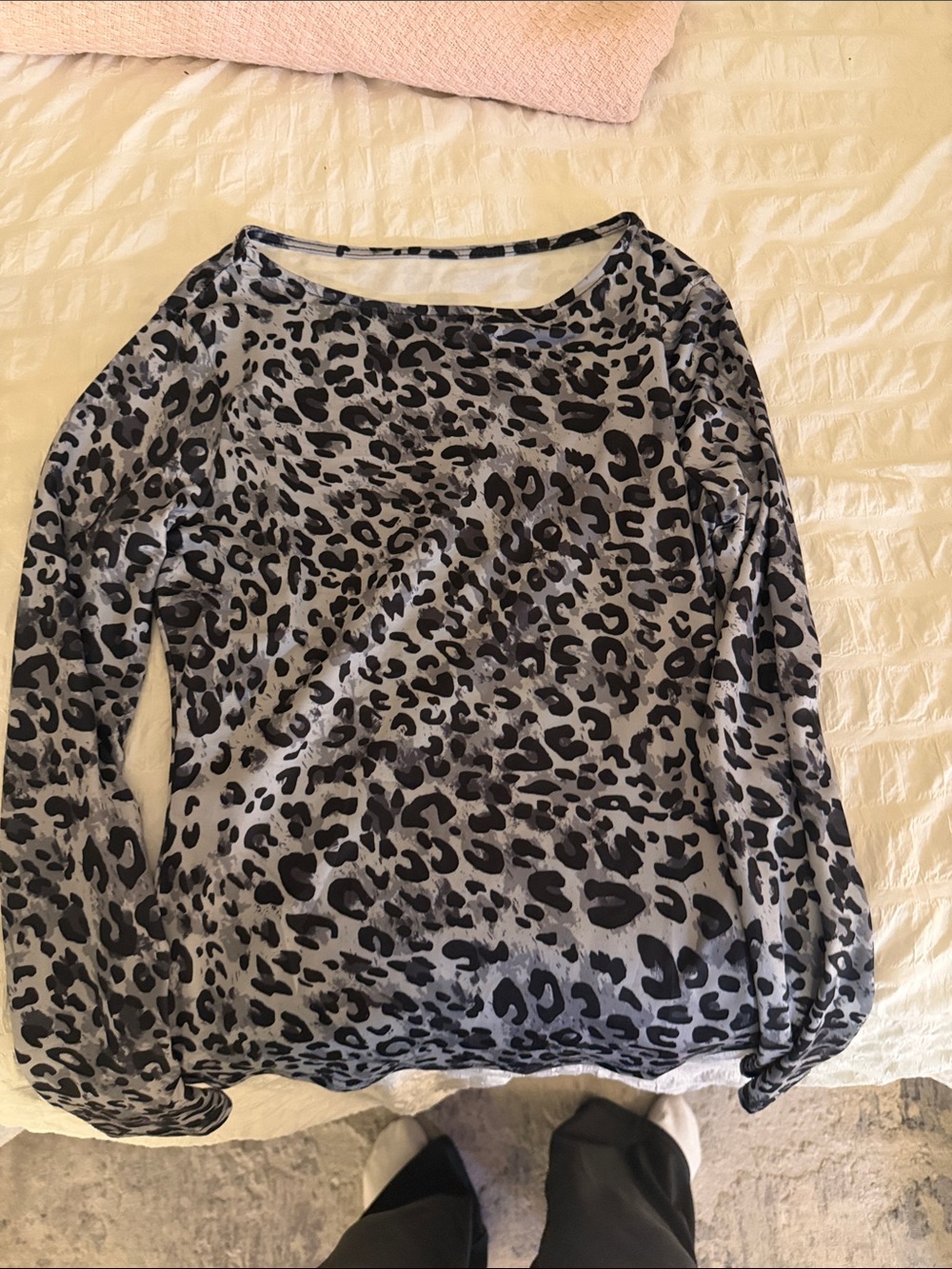 Grey Leopard Print Long-Sleeve Women's Top
